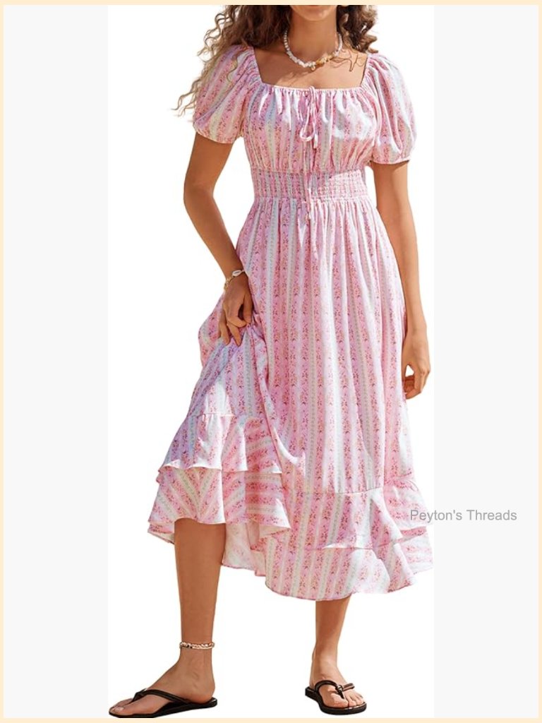 Flowy A-Line Maxi Dress Square Neck Puff Sleeve Smocked Back Pockets